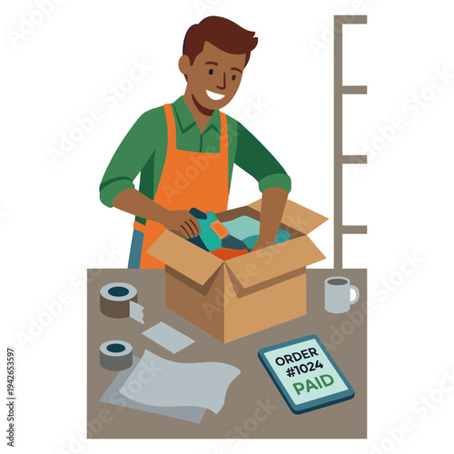 A man in an orange apron unpacks items from a cardboard box on a table.