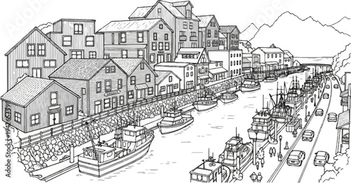 Black and white drawing of a bustling harbor town with boats, buildings, and mountains