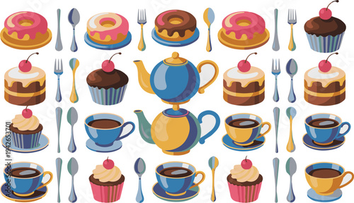 Colorful cartoon illustrations of various sweet foods and tableware on white background