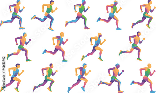 Multicolored illustrations of people running in various dynamic poses on white background for graphic designs
