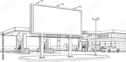 A line drawing of a gas station with a large blank billboard in front