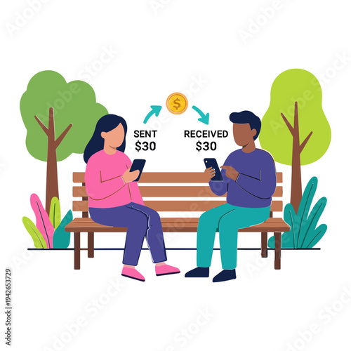 Two people sitting on a park bench exchanging money via mobile phones