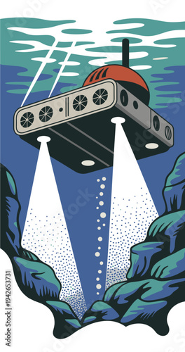 Deep sea robotic submersible scanning ocean depths. Robotic submersible exploring deep ocean depths and scanning seabed terrain.