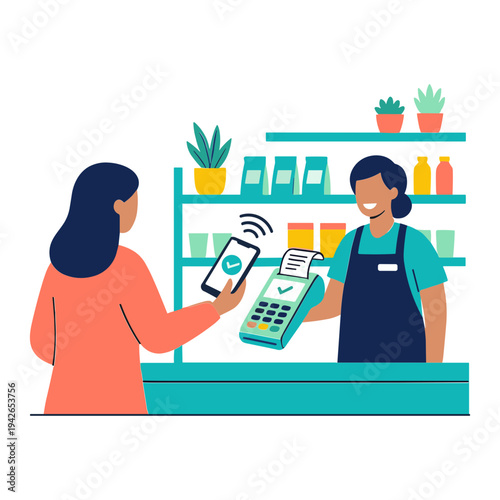 A woman makes a mobile payment to a shopkeeper at a counter with products.
