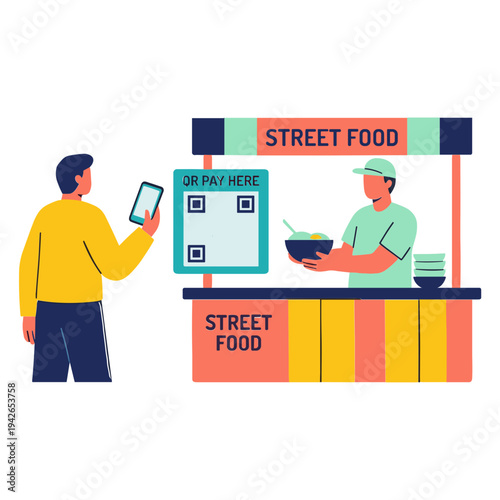 Man pays with phone at street food stall with chef serving bowl