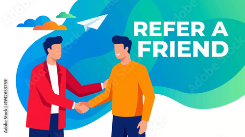 Refer a Friend Marketing Concept Illustration with Business Men Shaking Hands for Referral Program Promotion