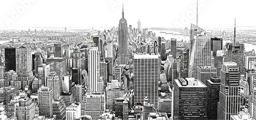 Black and white sketch of a dense, towering cityscape with iconic spire