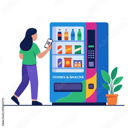 Woman buys snacks from vending machine with phone in hand indoors
