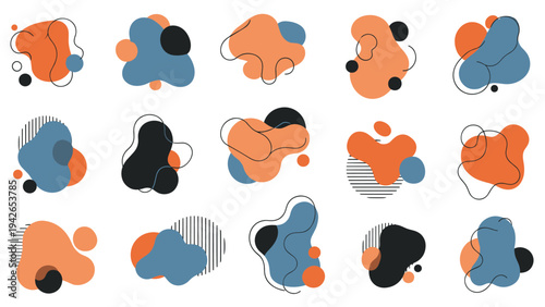 A large set of modern abstract liquid shapes and blobs in trendy colors, combined with simple lines and patterns for contemporary graphic design projects.