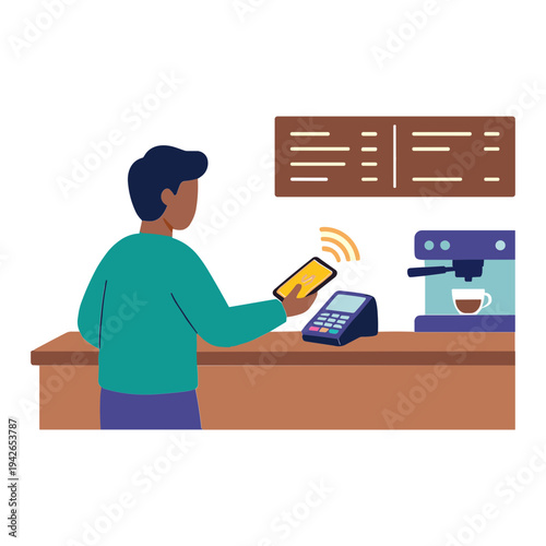 Man using phone to pay for coffee at a counter with a machine