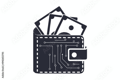 Digital Wallet with Money Icon featuring Circuit Board Design Details