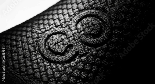 Close-up macro shot of textured black woven material with embossed circular design