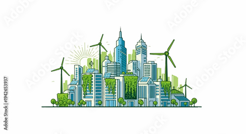 A sustainable cityscape with wind turbines, solar panels, and green buildings