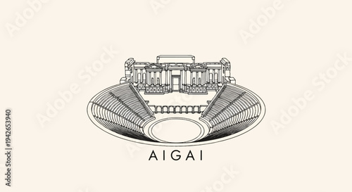 Stylized line drawing of an ancient amphitheater with detailed architectural elements and tiered seating
