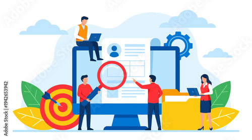 Professional Human Resources Recruitment Concept Illustration showing People Reviewing a Resume and Searching for Candidates for Job Vacancy