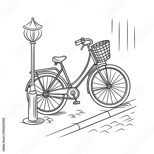 Vector illustration of a bicycle with basket parked by a street lamp