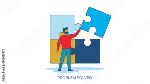 Man completing a jigsaw puzzle with the final piece, problem solved concept, business solution and achievement flat line illustration
