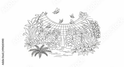 Tropical greenhouse interior with butterflies flying above plants and waterfall