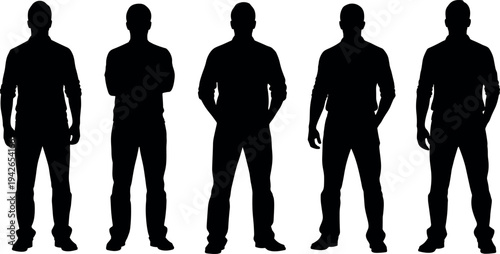 Set of Full Length Male Silhouettes Standing in Different Poses Isolated on White Background for Professional Business and Casual Graphic Design