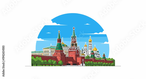 Stylized illustration of Kremlin fortress walls and towers under blue sky