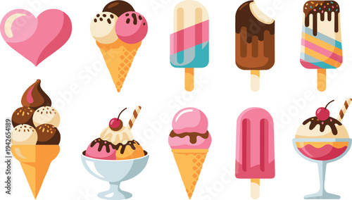 Colorful illustrations of various ice cream flavors and desserts on white background