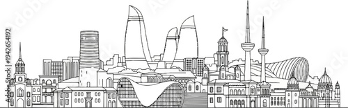 Stylized black and white line drawing of a city skyline with diverse architectural styles