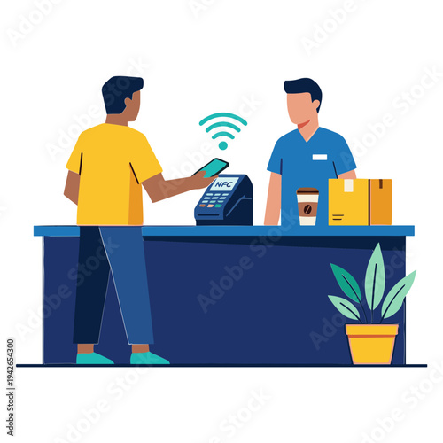 A man uses a mobile phone to make a contactless payment to a cashier at a store counter.