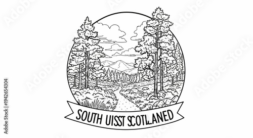 A picturesque black and white drawing of a highland landscape with trees and mountains