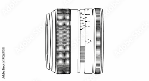 A monochrome line art illustration of a camera lens with focusing rings