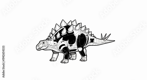 Stylized black and white drawing of a Stegosaurus dinosaur