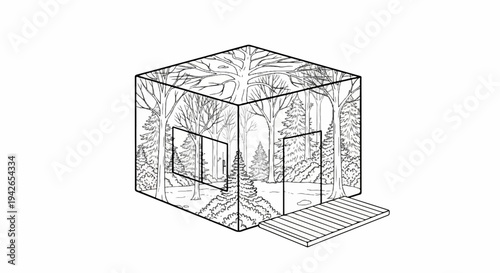 Transparent cubical room with forest panorama and wooden platform