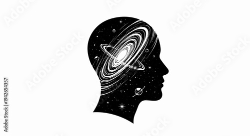 Silhouette of a human head filled with a galaxy and planets