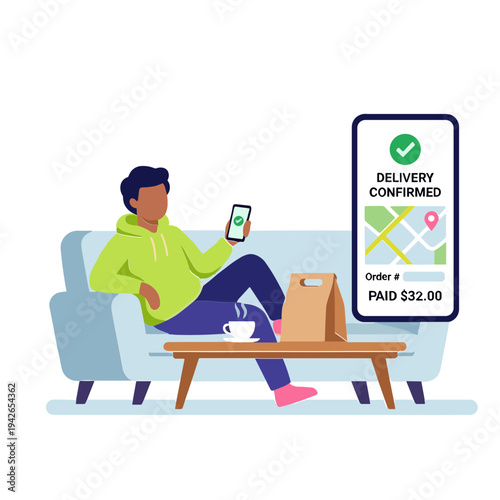 Man sitting on couch holds phone with confirmed delivery message on screen