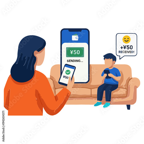 Woman sends money to man sitting on couch via mobile phone