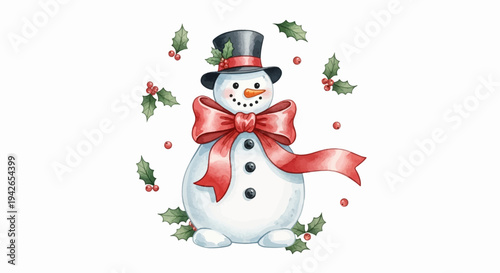 Adorable watercolor snowman in a top hat with a large red bow