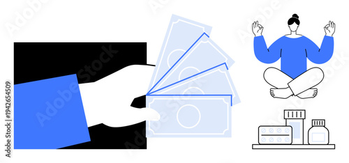 Health financing, mindfulness, self-care, holistic wellness, medical expenses, healthcare access. A hand holding money, a meditating woman and medical supplies. Health financing and mindfulness