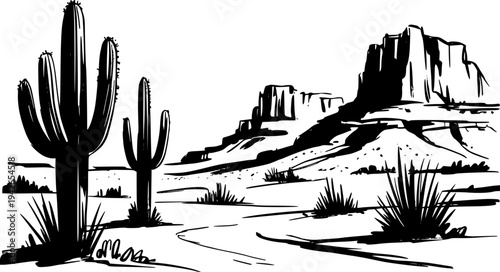 Black and white of saguaro cacti and mesa landscape in a desert setting cactus