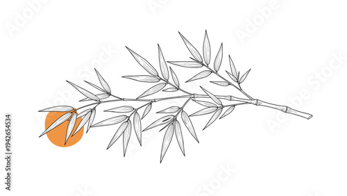 A minimalist Japanese-style ink drawing of a bamboo branch with leaves, featuring an abstract orange sun shape, isolated on a white background.