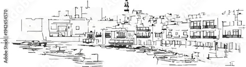 Sketch of a coastal town with buildings and boats in a harbor