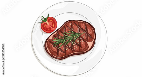 A grilled steak with rosemary and tomato on a white plate