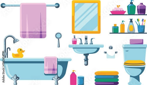 Cartoon bathroom interior with bathtub sink toilet and accessories on white background