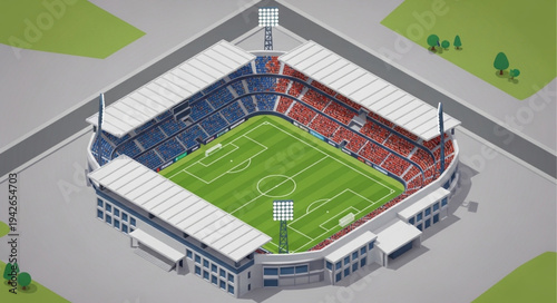 Isometric View of a Stadium with Blue and Red Seating.