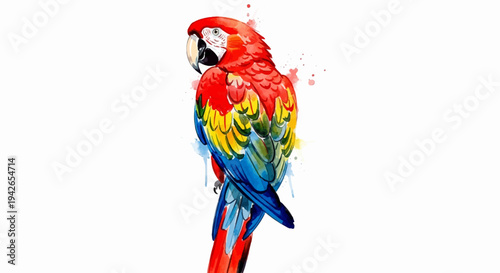 A vibrant watercolor painting of a macaw with red, yellow, and blue feathers