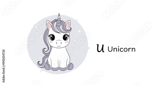 A charming alphabet card for the letter U, featuring an adorable baby unicorn with purple hair and big eyes sitting in front of a sparkling circle.