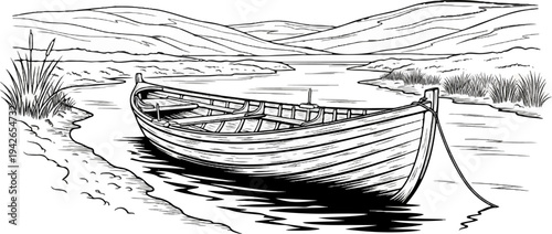 A rowboat rests on a pebble shore by a calm lake with rolling hills in the distance