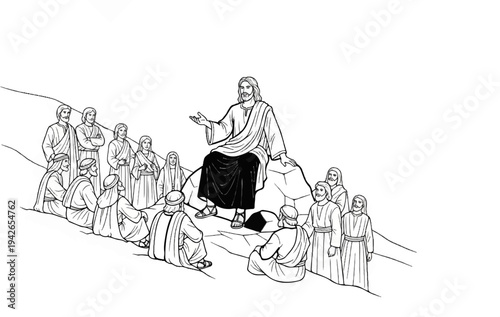 Religious leader teaching followers outdoors on a rocky slope