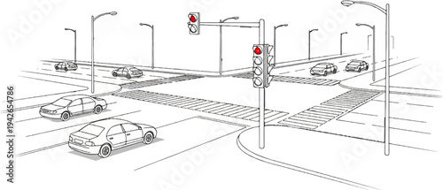 A sketch of a busy intersection with cars and traffic lights