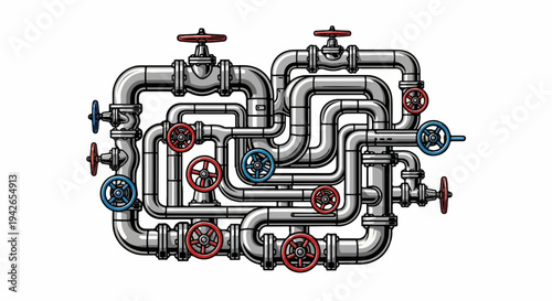 Complex network of industrial pipes and valves with red and blue handles
