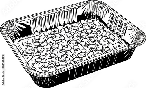 Rectangular foil baking dish filled with oval-shaped legumes