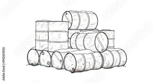 A pile of old, weathered metal barrels, some stacked